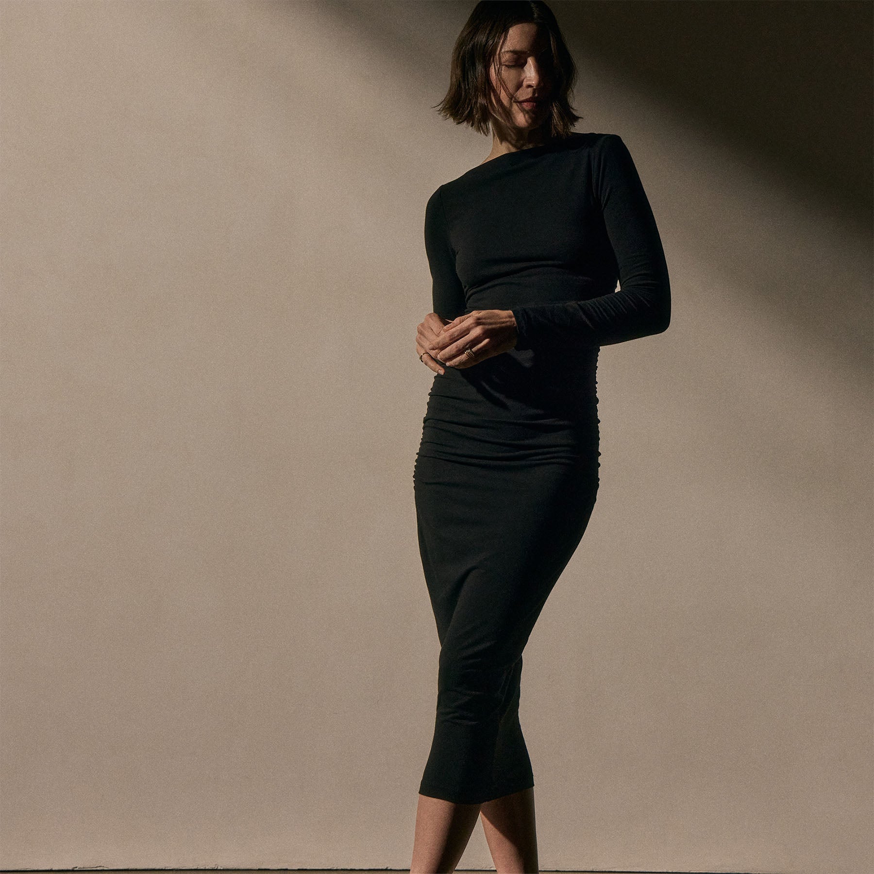 Ruched Long Sleeve Dress - Black | James Perse Los Angeles Ruched Long Sleeve Dress - Black | James Perse Los Angeles