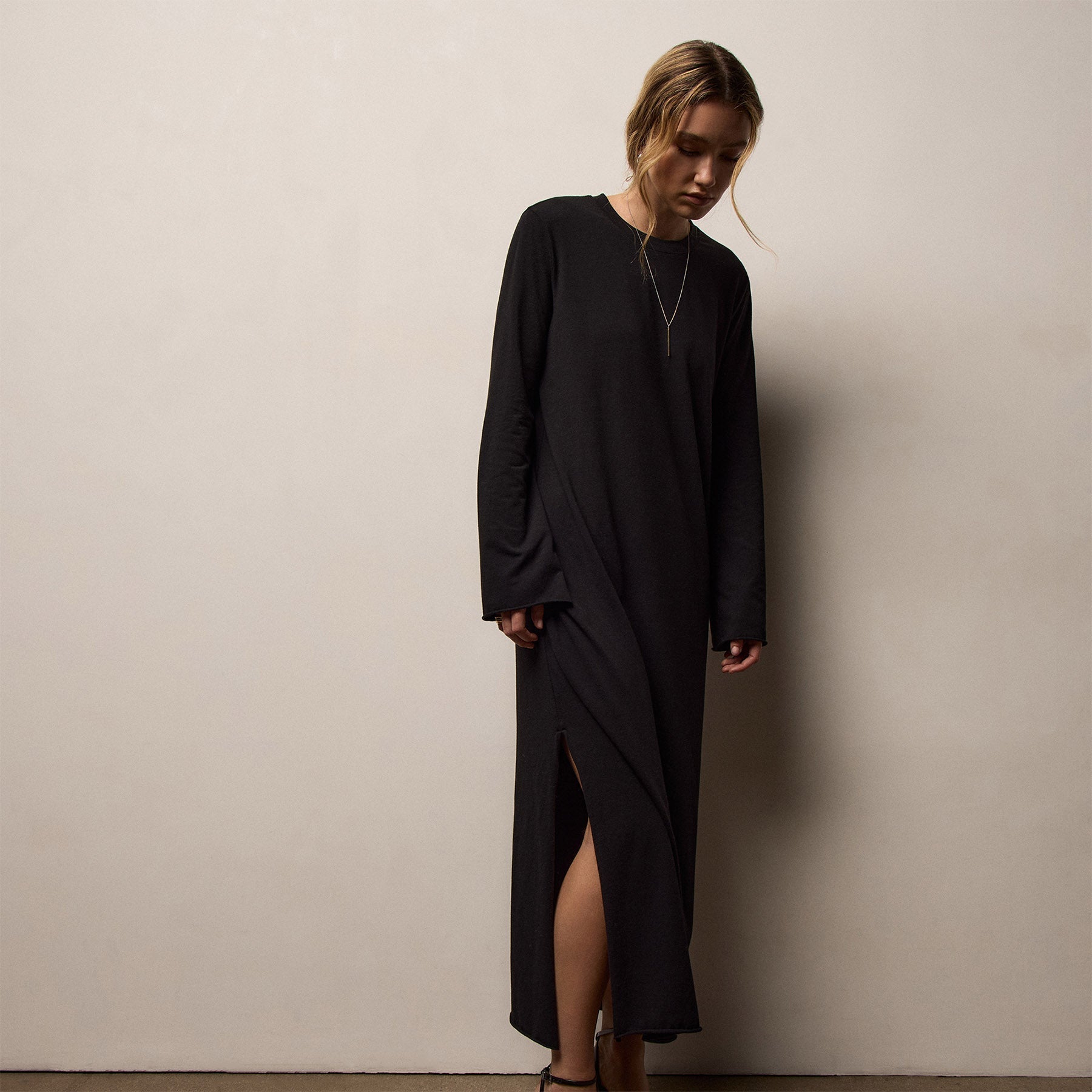 Melange Jersey Long Sleeve Dress - Black | James Perse Los Angeles