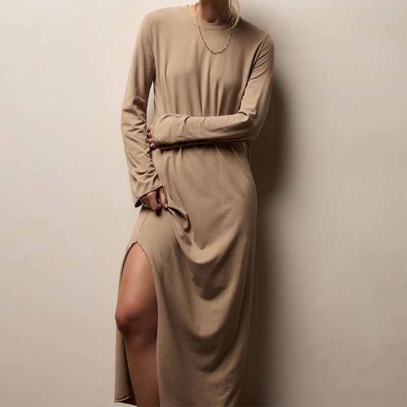 chinese dress ladies Melange Jersey Long Sleeve Dress - Coffee