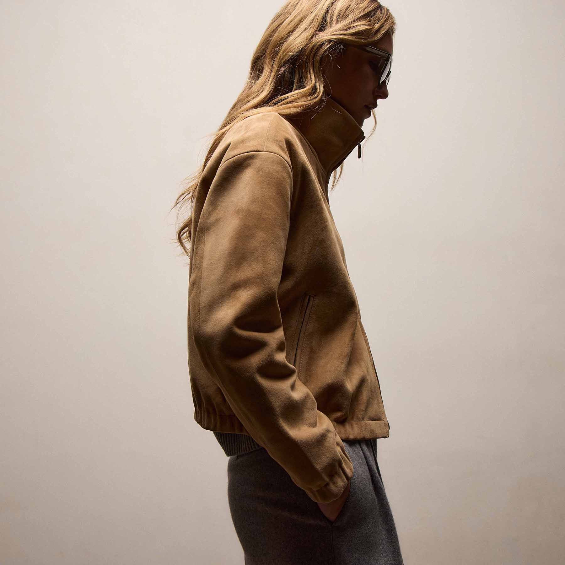 Suede Bomber Jacket - Sand | James Perse Los Angeles