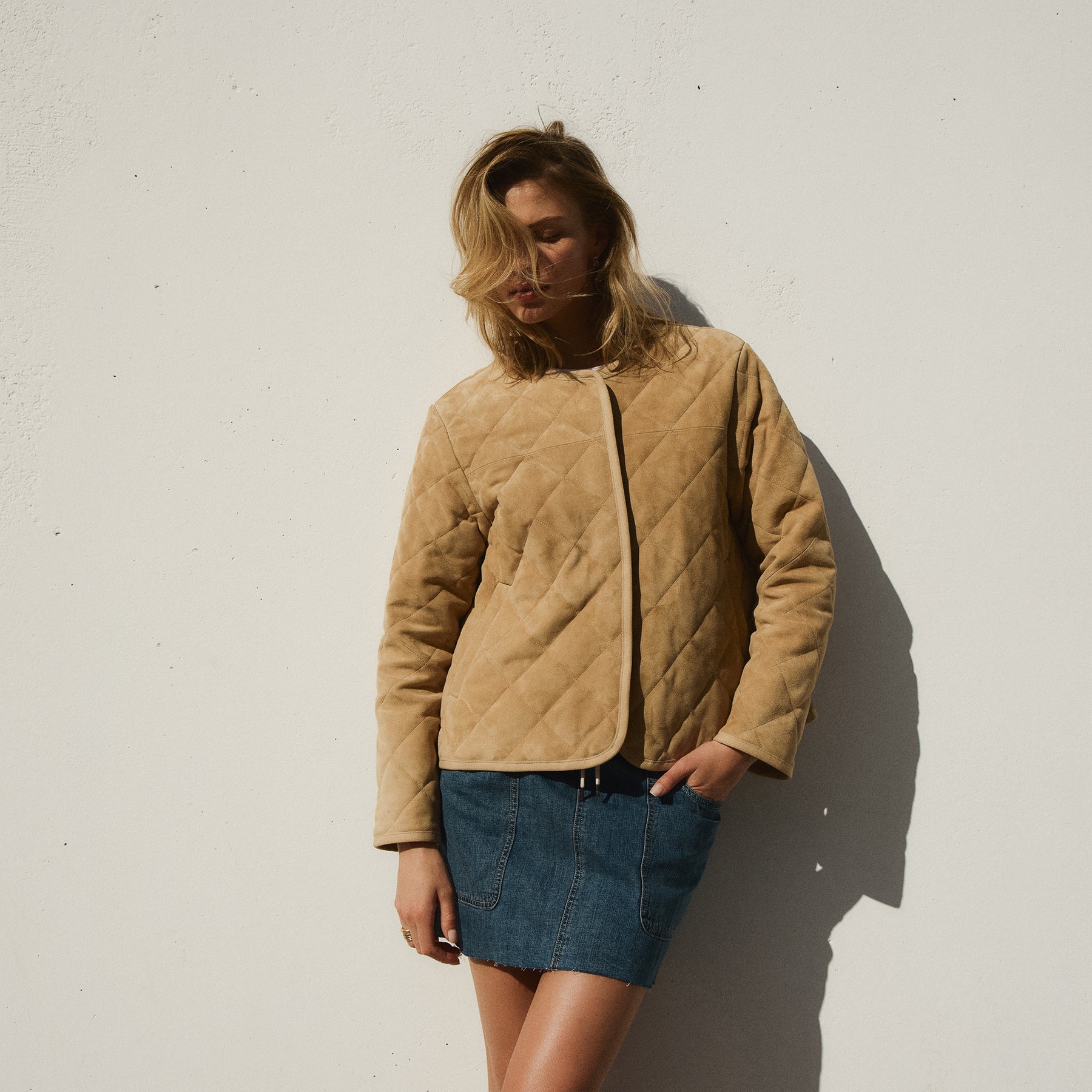 Quilted Suede Collarless Jacket - Sand