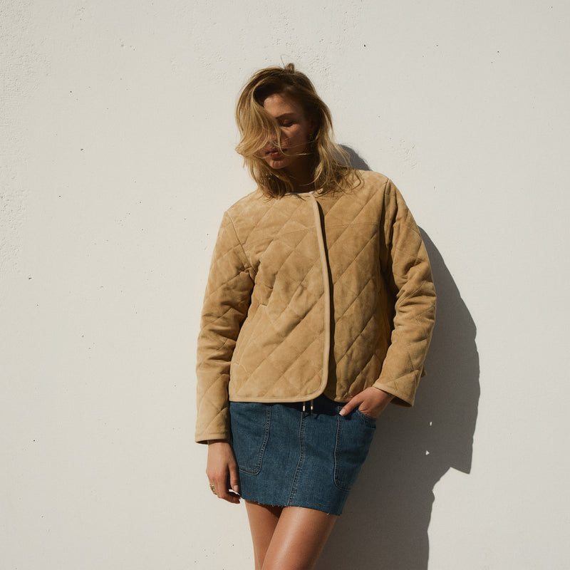 Quilted Suede Collarless Jacket - Sand