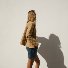 Quilted Suede Collarless Jacket - Sand