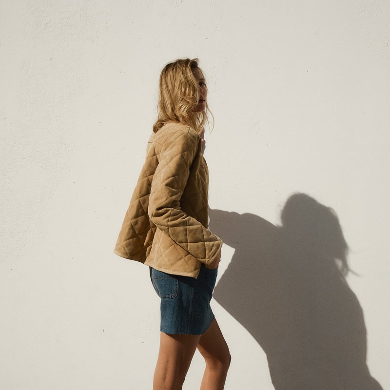 Quilted Suede Collarless Jacket - Sand