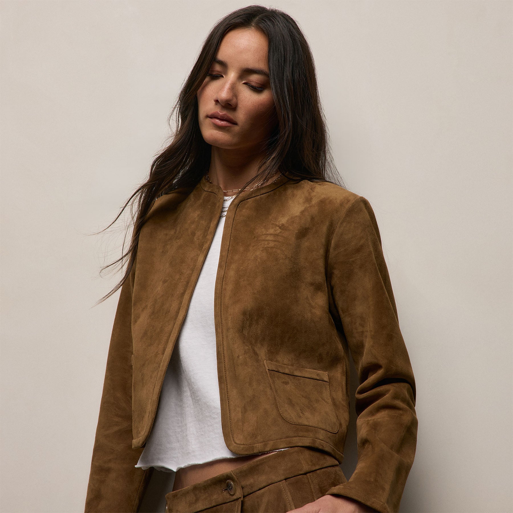 Suede Cropped Open Jacket in Tabacco | James Perse Los Angeles