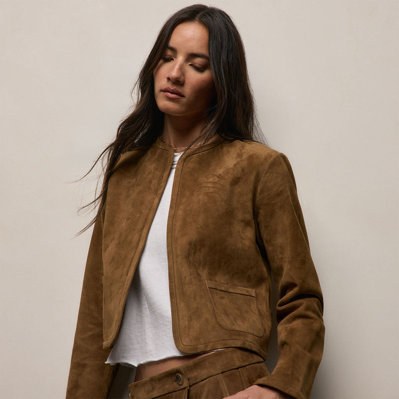 Suede Cropped Open Jacket in Tabacco | James Perse Los Angeles