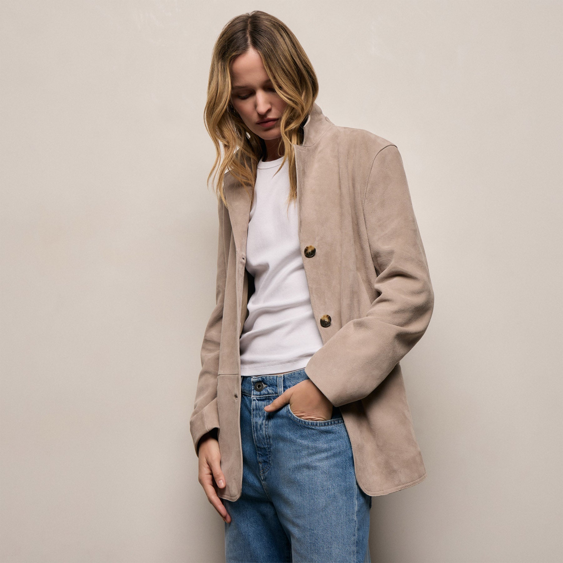 Relaxed Suede Blazer in Grout | James Perse Los Angeles