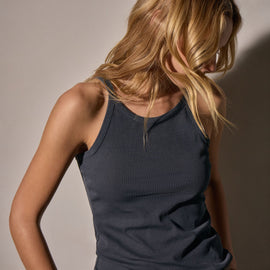 Ribbed High Neck Cami  in Blue Noir Pigment | James Perse Los Angeles