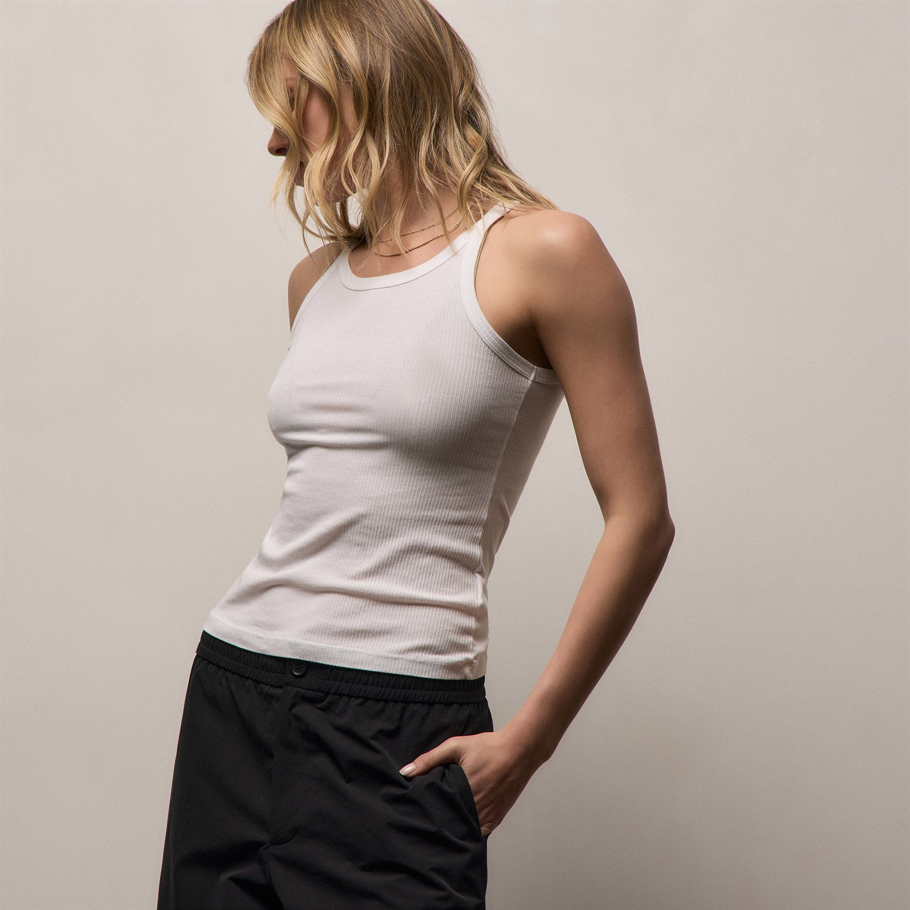 Ribbed High Neck Cami in White | James Perse Los Angeles