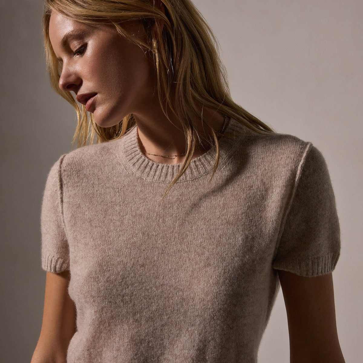 Soft Featherweight Cashmere Short Sleeve in Light Beige | James Perse Los Angeles