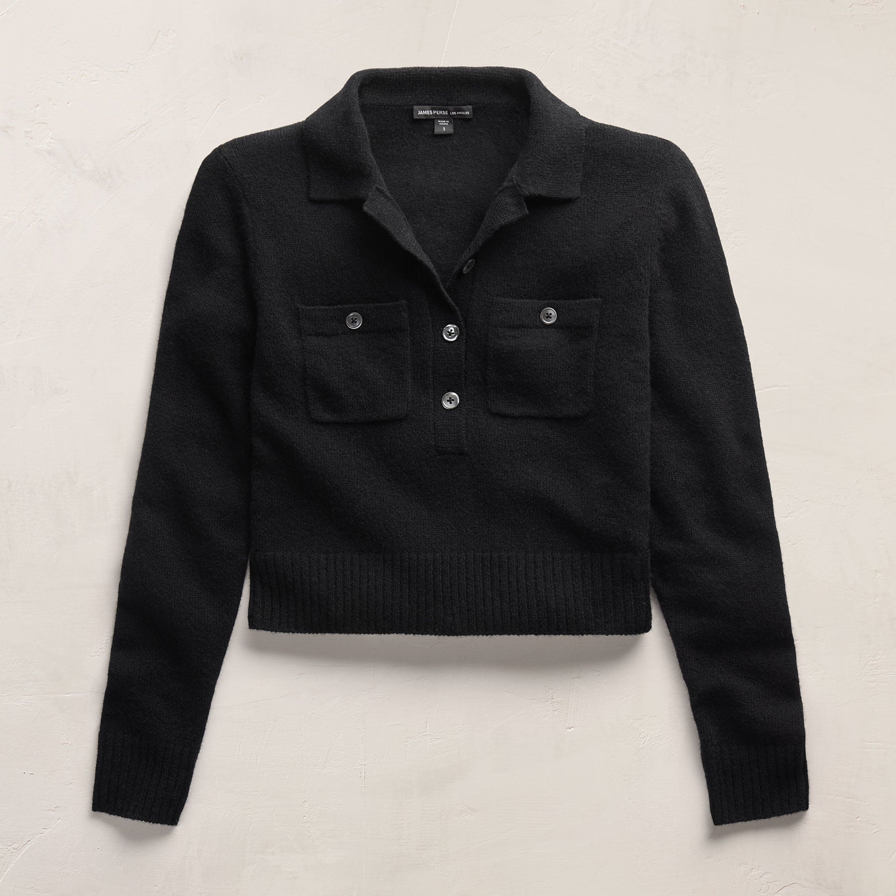 Open Knit Cashmere Polo in Black | James Perse Los Angeles FLAT