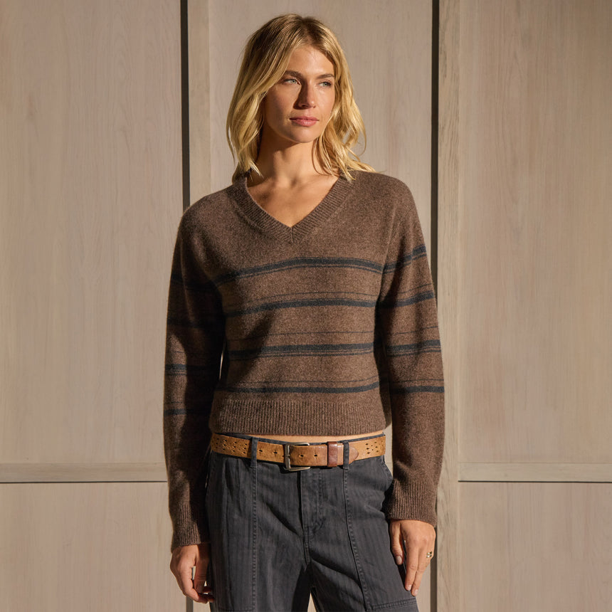 Cashmere V Neck Stripe Sweater - Brown Multi Stripe | James Perse Los Angeles