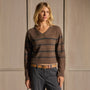 Cashmere V Neck Stripe Sweater - Brown Multi Stripe | James Perse Los Angeles