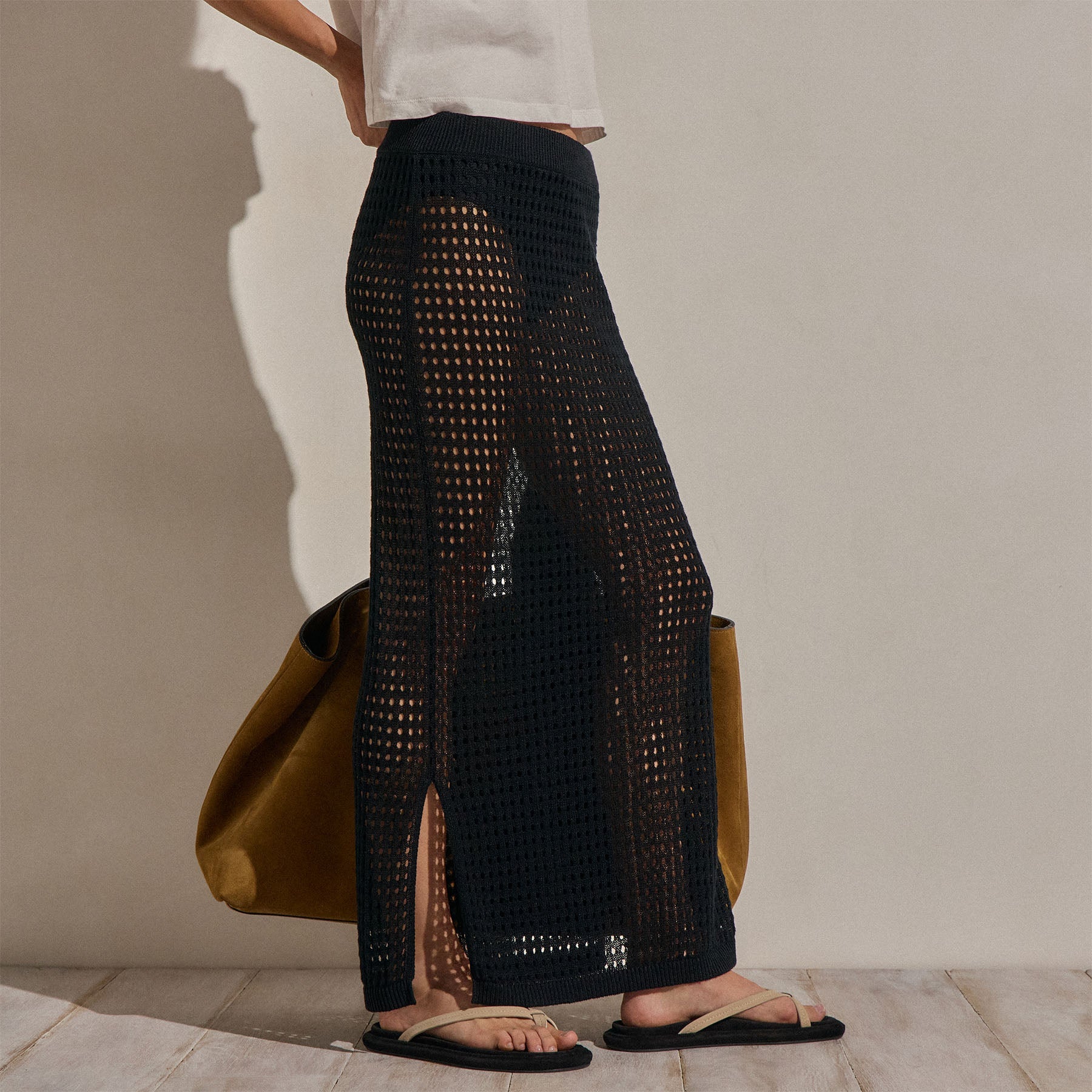 Linen Open Knit Midi Skirt in Black | James Perse Los Angeles
