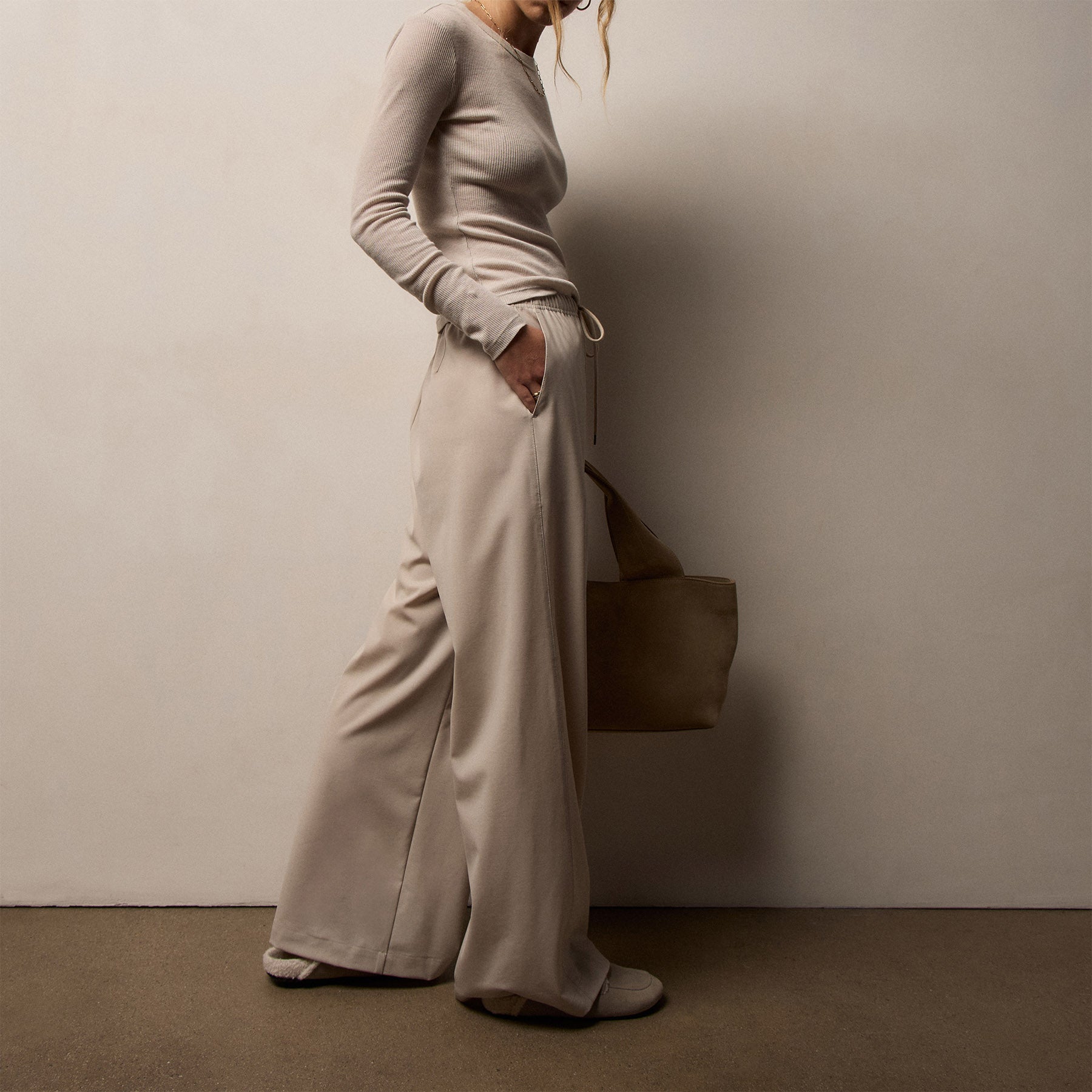 Stretch Wool Wide Leg Pant - Flax