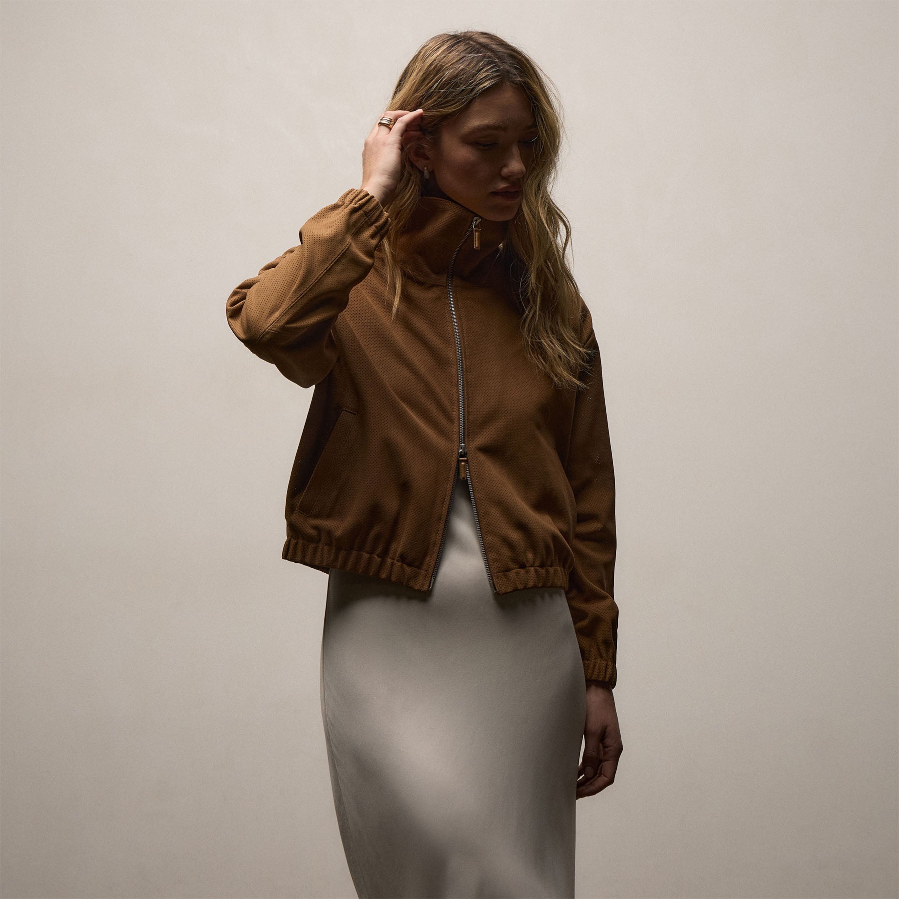 Perforated Suede Blouson Jacket in Gingerbread | James Perse Los Angeles