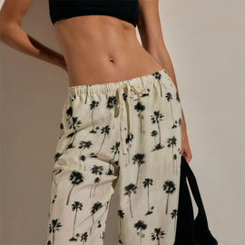 Printed Washed Silk Wide Cuff Pant in Allover Palm Print | James Perse Los Angeles