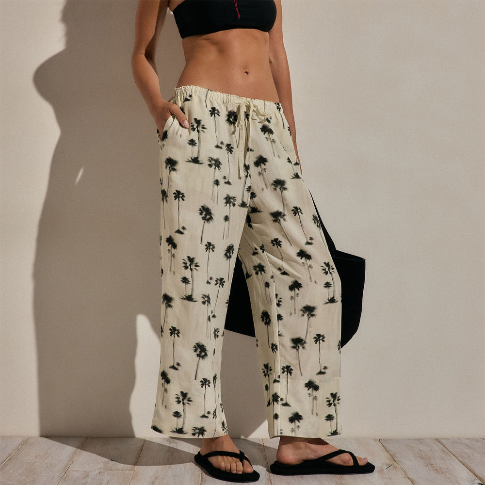 Printed Washed Silk Wide Cuff Pant in Allover Palm Print | James Perse Los Angeles