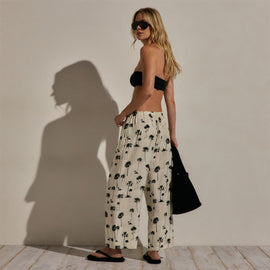 Printed Washed Silk Wide Cuff Pant in Allover Palm Print | James Perse Los Angeles