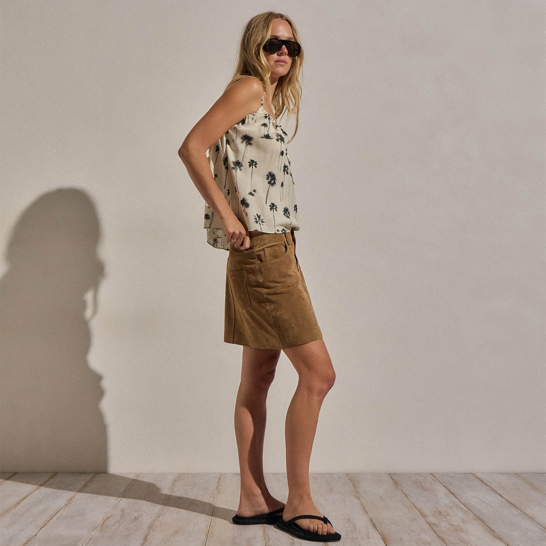 Printed Washed Silk Strappy Cami in Allover Palm Print | James Perse Los Angeles