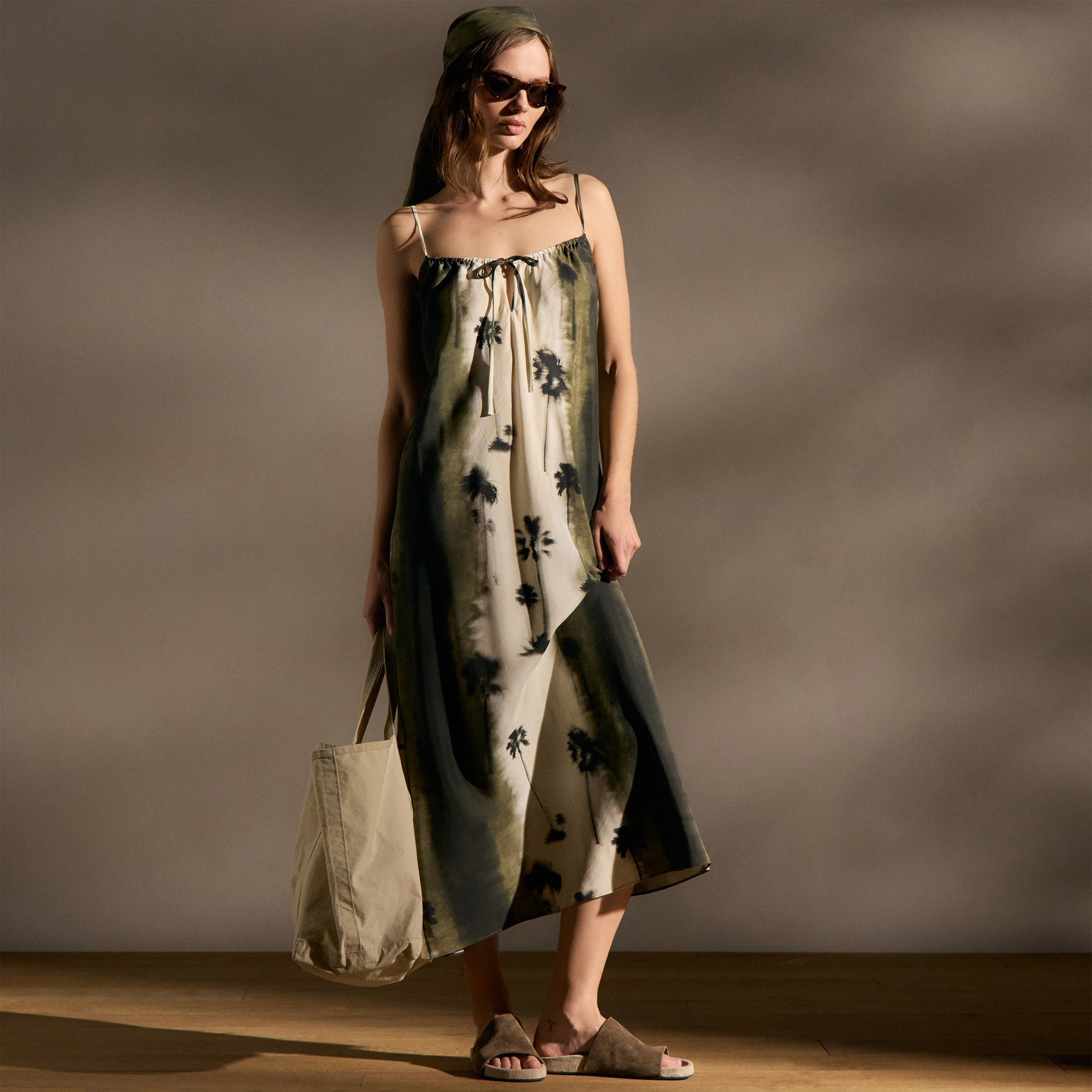 Printed Washed Silk Strappy Cami Dress In Ombre Palm Print