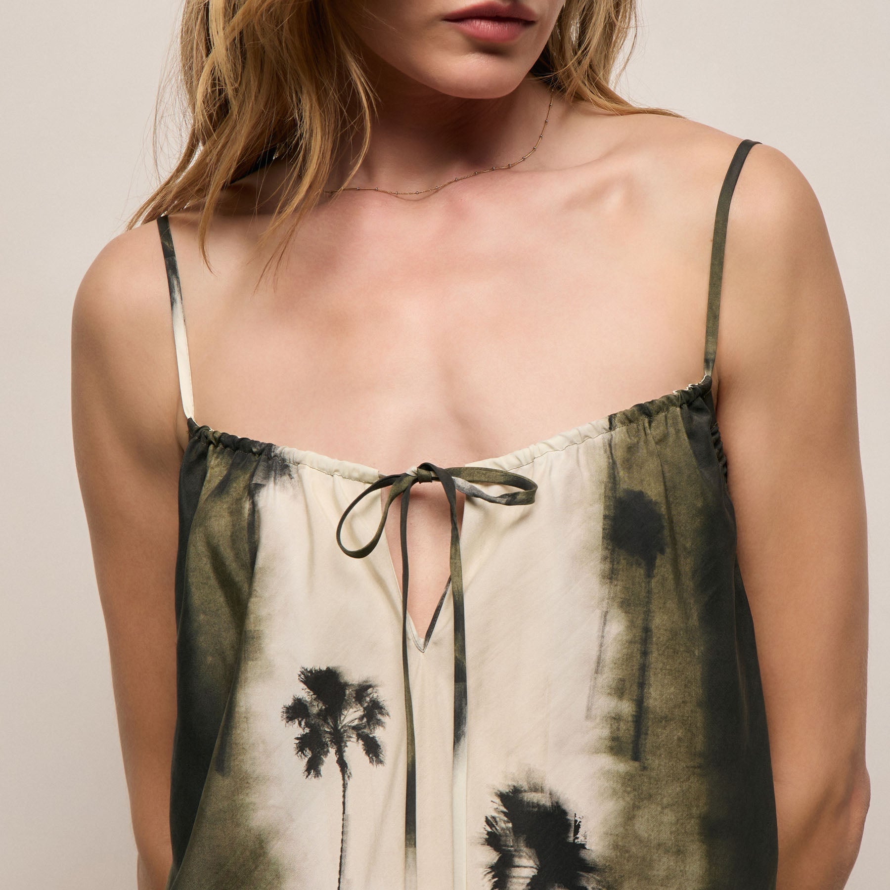 Printed Washed Silk Strappy Cami Dress in Ombre Palm Print | James Perse Los Angeles