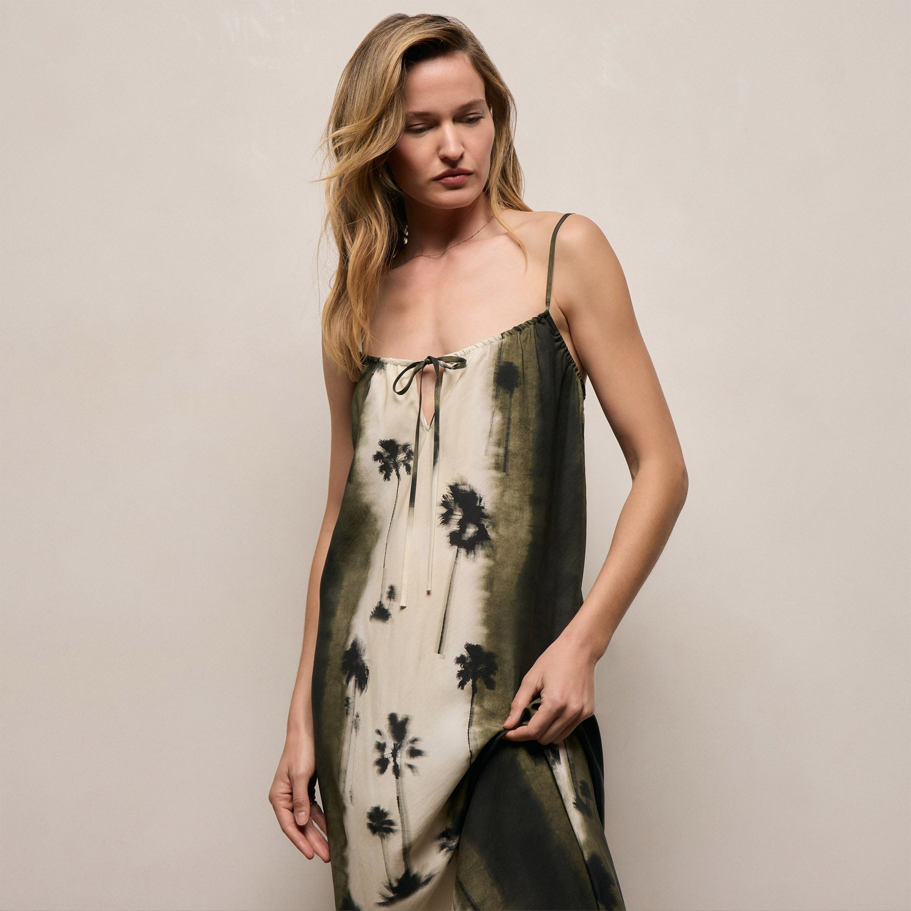 Printed Washed Silk Strappy Cami Dress in Ombre Palm Print | James Perse Los Angeles