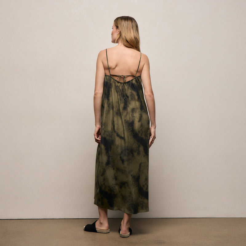 Printed Washed Silk Strappy Cami Dress in Tie Dye Green | James Perse Los Angeles