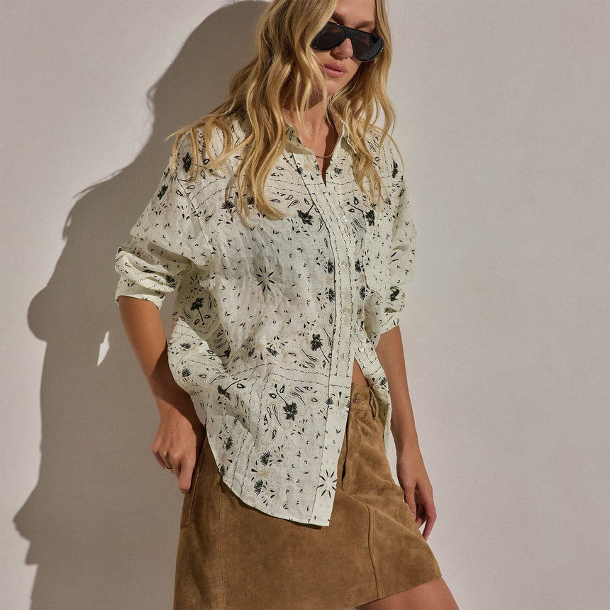 Palm Paisley Linen Shirt In Ivory Bandana Print | James Perse Los Angeles