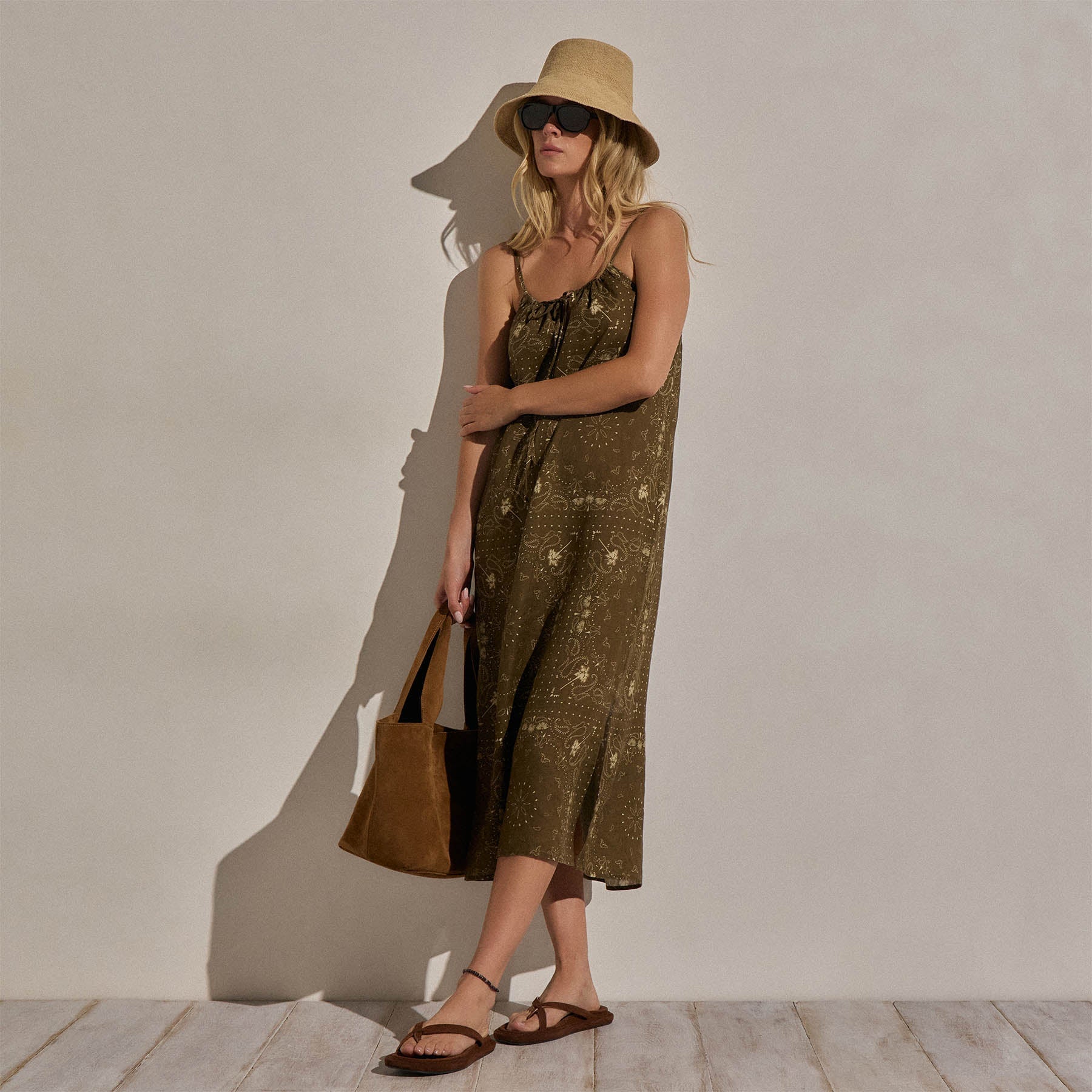 Palm Paisley Linen Strappy Tie Dress in Brown Bandana Print | James Perse Los Angeles