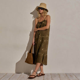 Palm Paisley Linen Strappy Tie Dress in Brown Bandana Print | James Perse Los Angeles