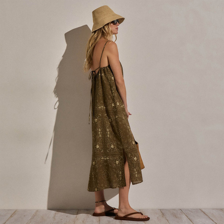Palm Paisley Linen Strappy Tie Dress in Brown Bandana Print | James Perse Los Angeles