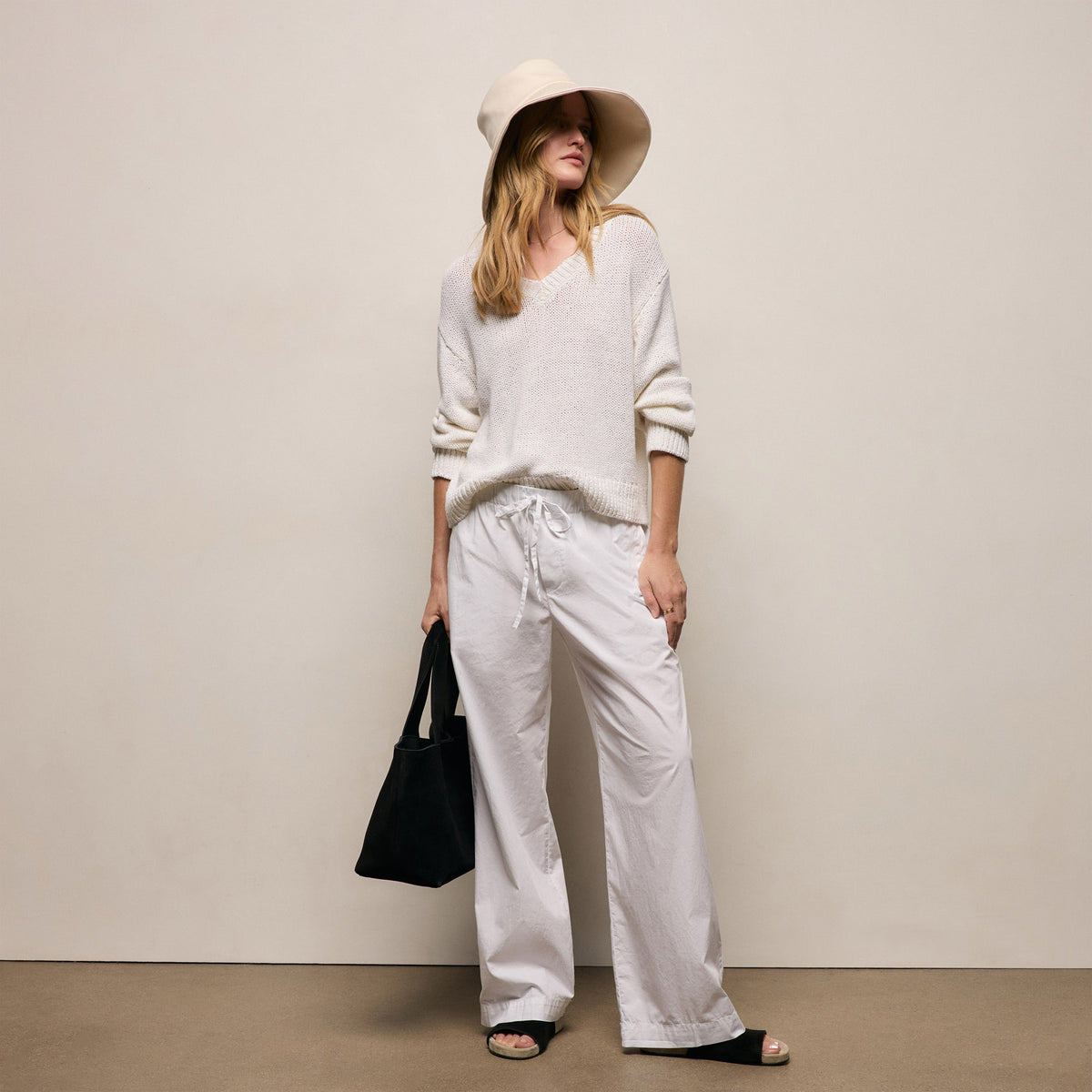 Stretch Poplin Drawcord Pant - White