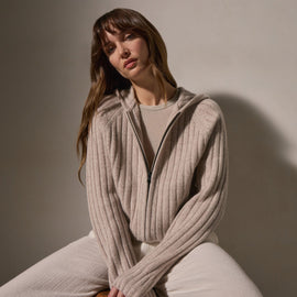 Cashmere Wide Ribbed Hoodie in Soft Beige | James Perse Los Angeles