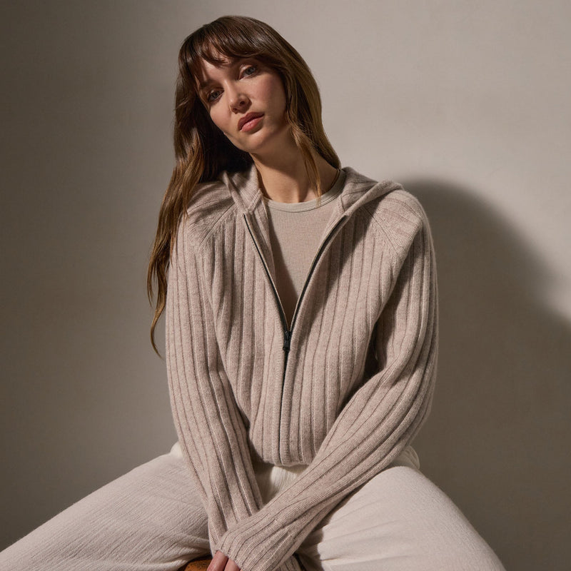 Cashmere Wide Ribbed Hoodie in Soft Beige | James Perse Los Angeles