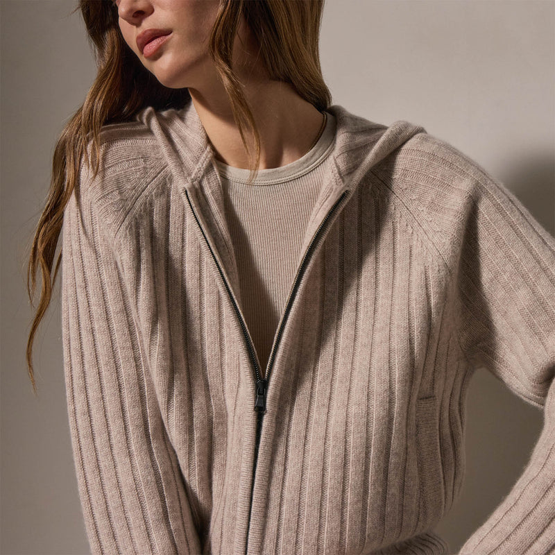 Cashmere Wide Ribbed Hoodie in Soft Beige | James Perse Los Angeles