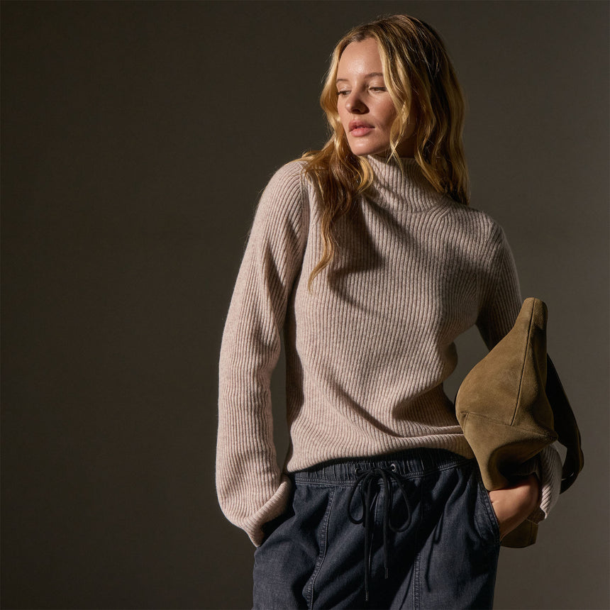 Recycled Cashmere Funnel Neck in Soft Beige | James Perse Los Angeles