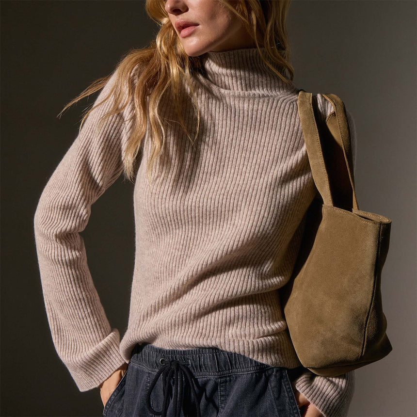 Recycled Cashmere Funnel Neck in Soft Beige | James Perse Los Angeles