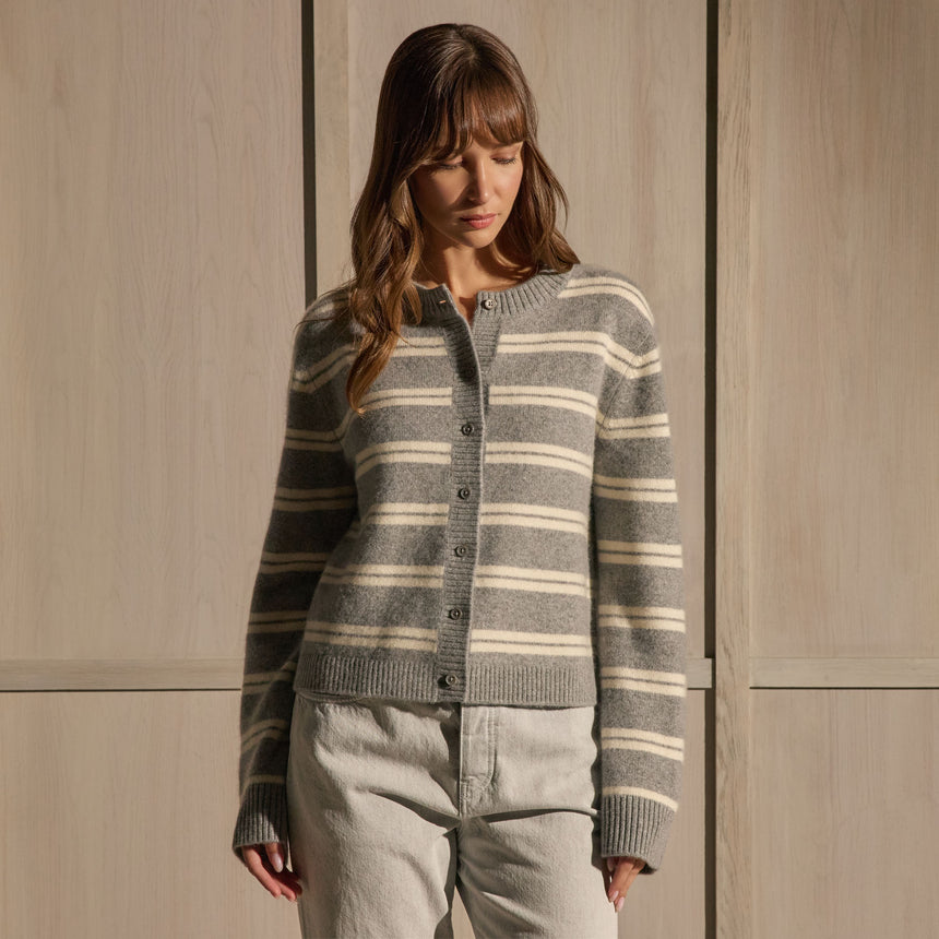 Cashmere Stripe Cardigan - Heather Grey Ivory Stripe | James Perse Los Angeles