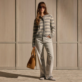 Cashmere Stripe Cardigan - Heather Grey Ivory Stripe | James Perse Los Angeles