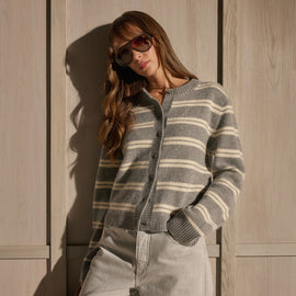 Cashmere Stripe Cardigan - Heather Grey Ivory Stripe | James Perse Los Angeles