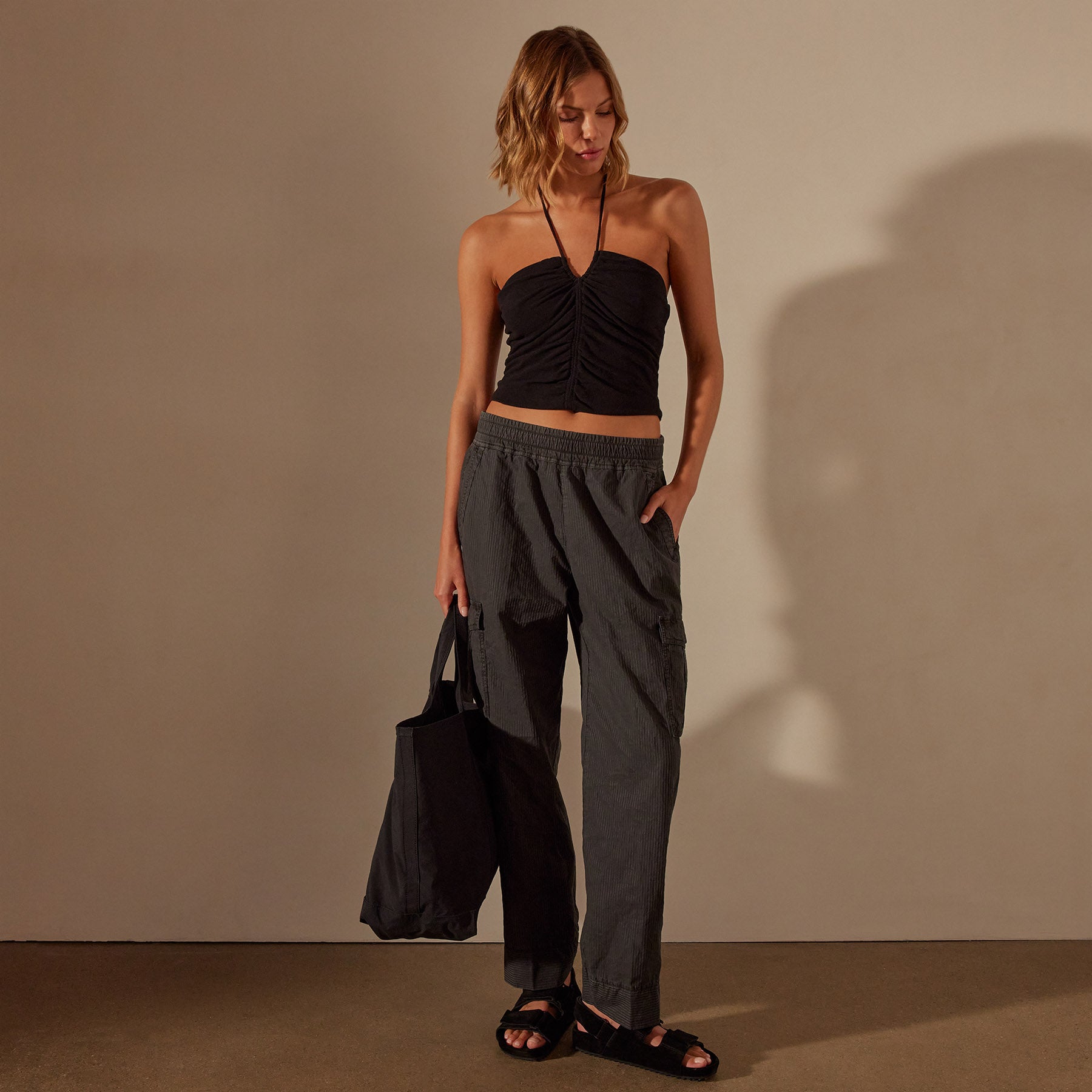 Recycled Brushed Jersey Halter Neck Top in Black | James Perse Los Angeles