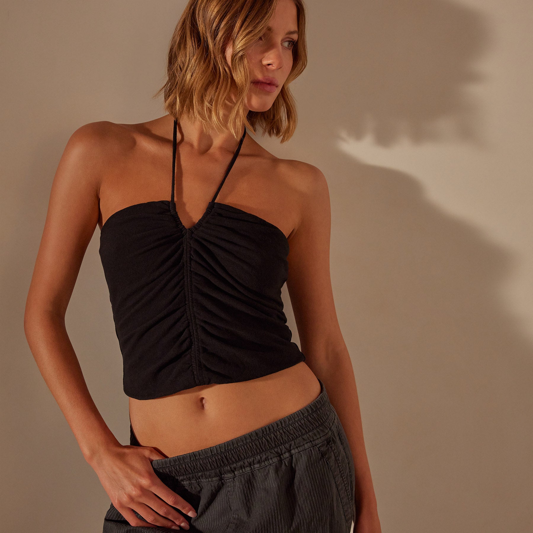Recycled Brushed Jersey Halter Neck Top in Black | James Perse Los Angeles