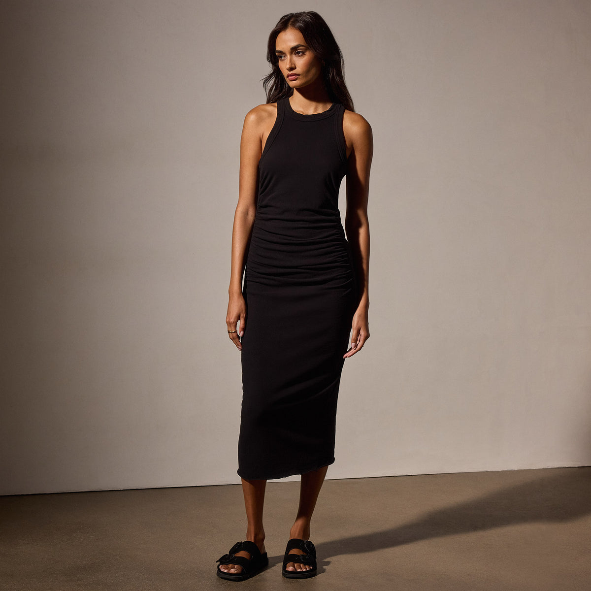 Ruched Cut Away Tank Dress in Black | James Perse Los Angeles
