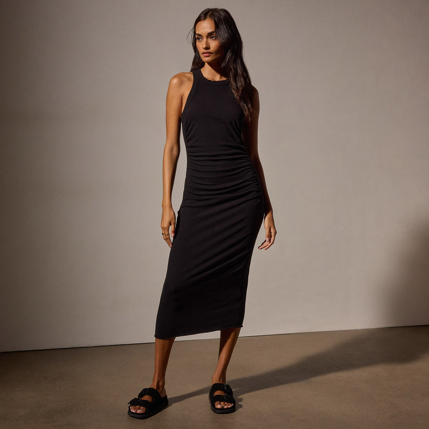 Ruched Cut Away Tank Dress in Black | James Perse Los Angeles