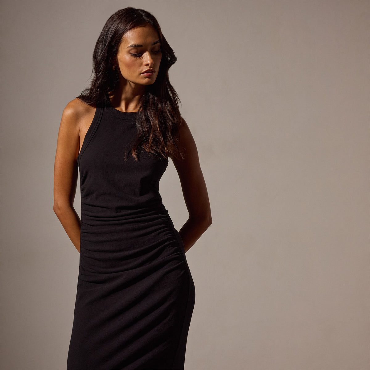 Ruched Cut Away Tank Dress in Black | James Perse Los Angeles