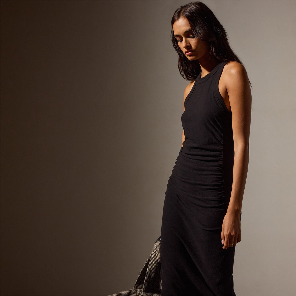 Ruched Cut Away Tank Dress in Black | James Perse Los Angeles
