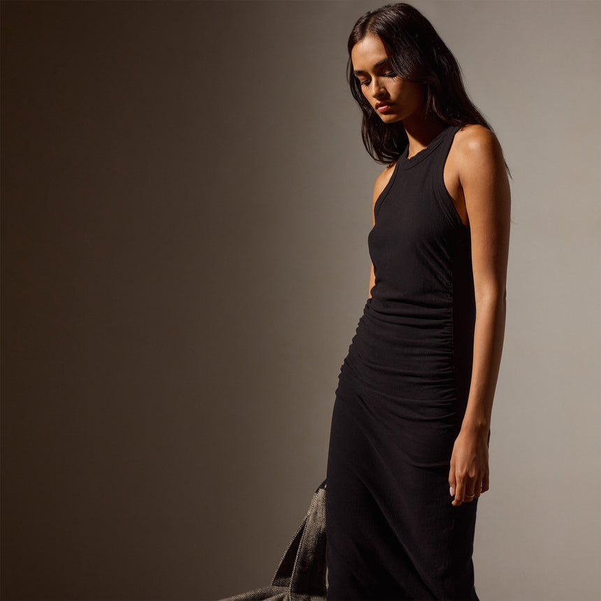 Ruched Cut Away Tank Dress in Black | James Perse Los Angeles