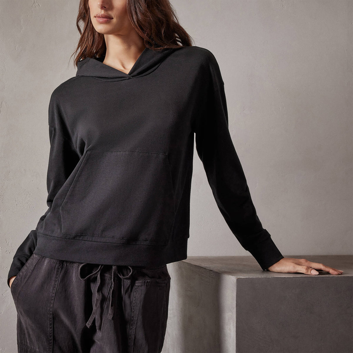 Recycled Feather Weight Clean Hoodie  in Black | James Perse Los Angeles