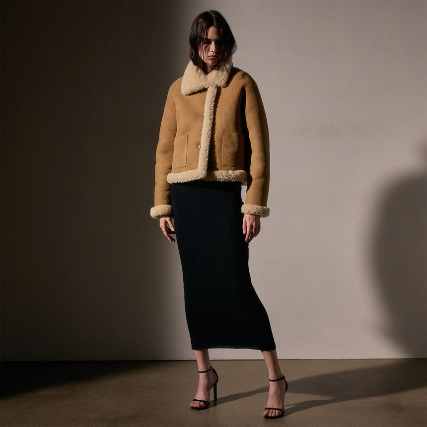 Shearling Car Coat  in Caramel | James Perse Los Angeles